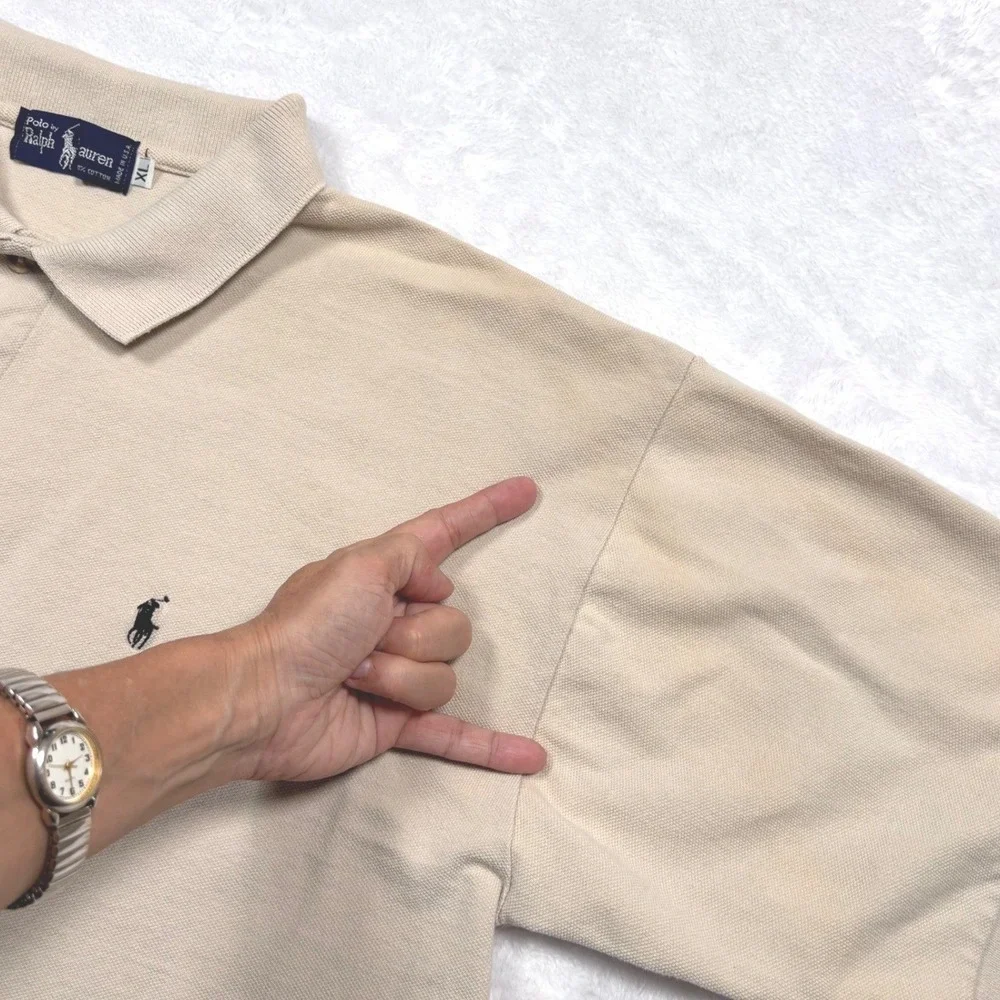 VTG 80s 90s Polo Ralph Lauren Polo Shirt Men XL Cream Pony Logo Boxy Made in USA